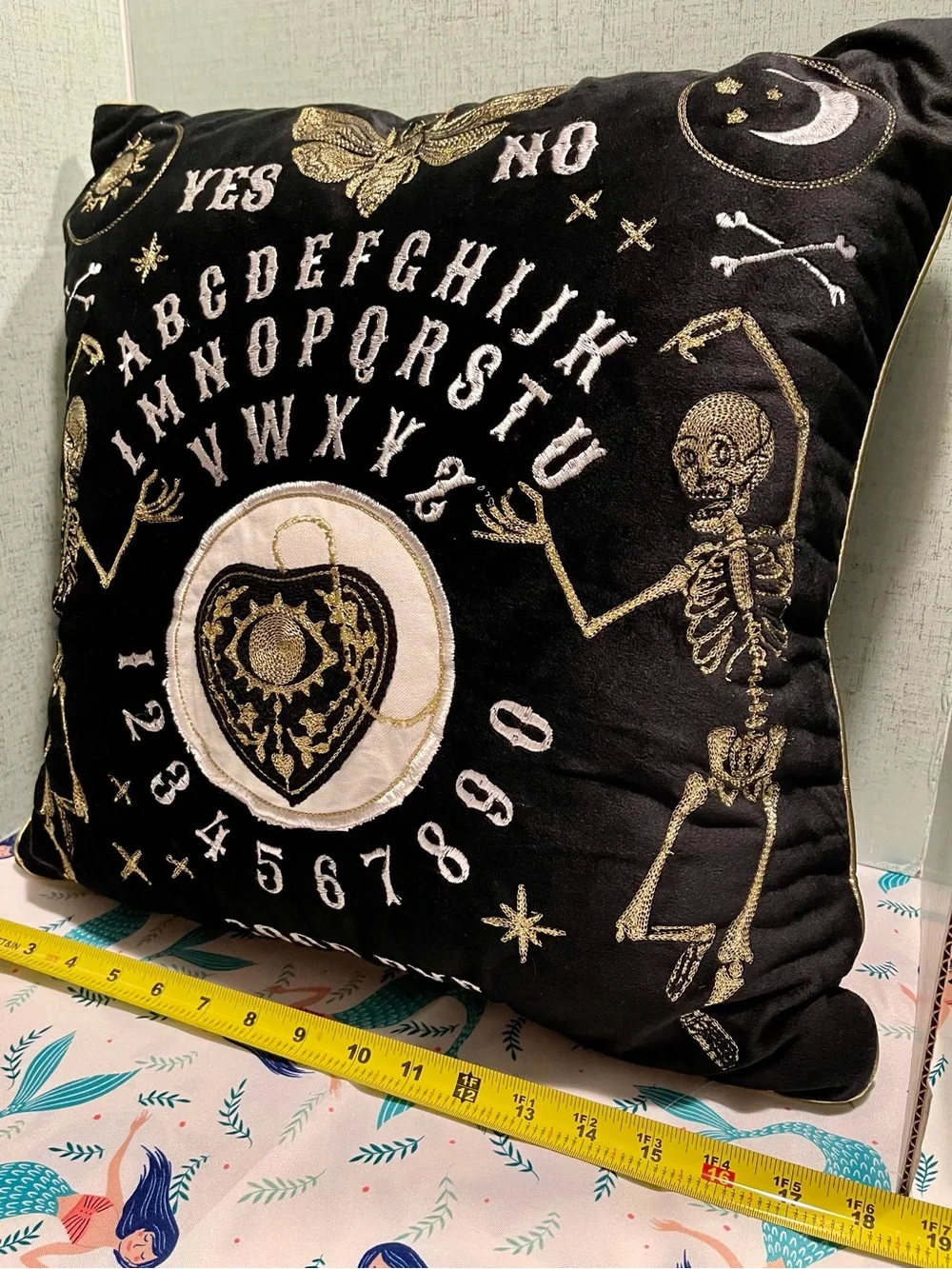 Ouija Planchette Embroidered Velvet Pillow - Black and Gold with Skeletons